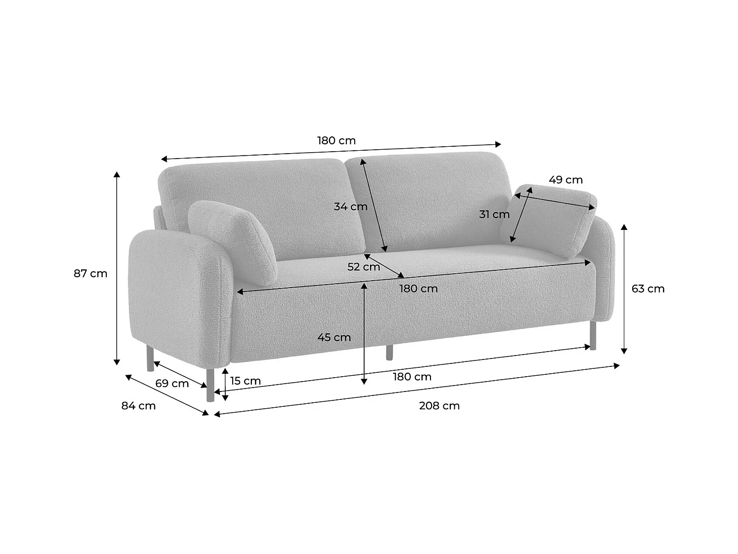 Divano 3 posti bouclé e struttura metallica, crema