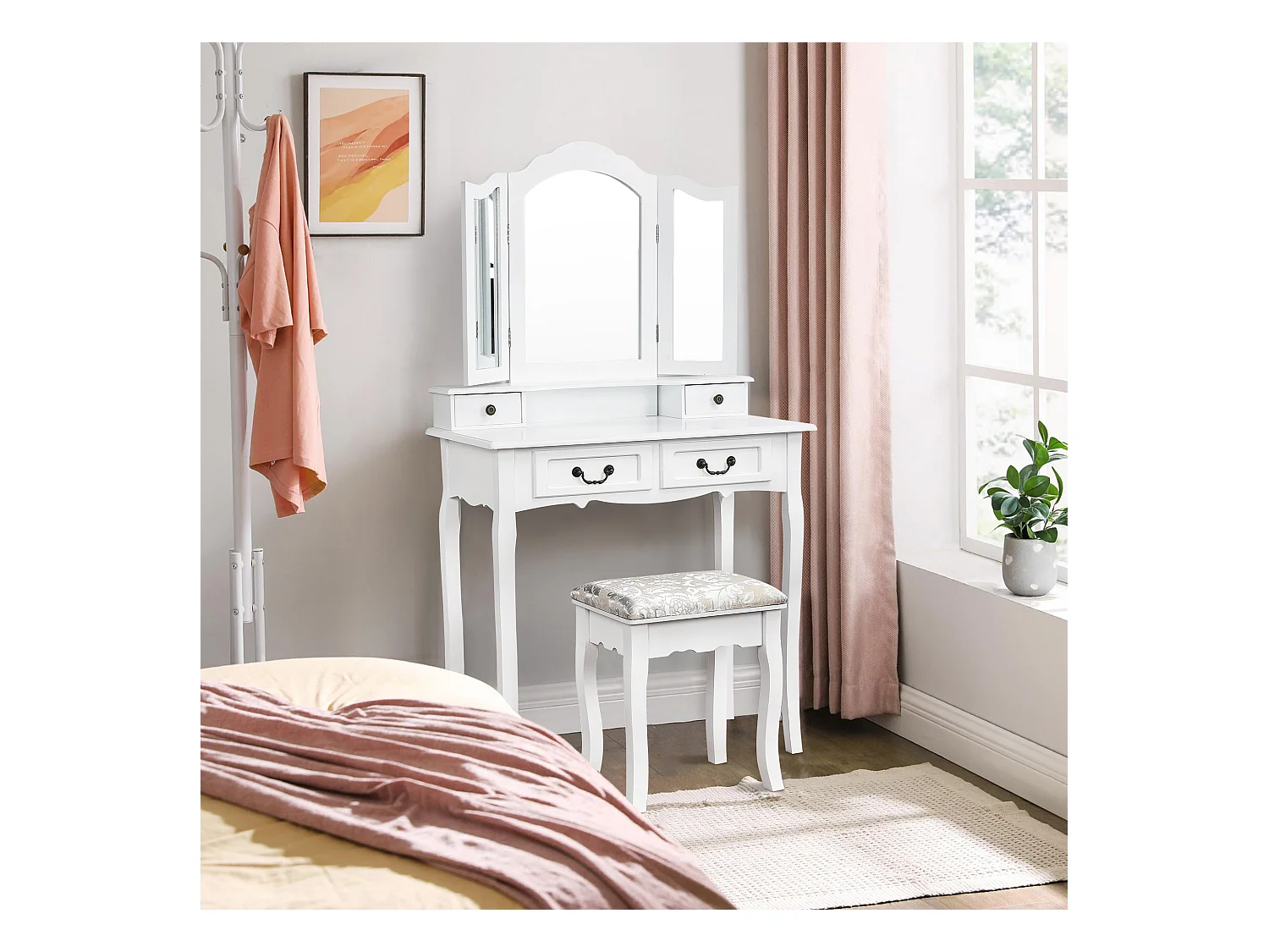 Penteadeira multifuncional + banqueta, três espelhos, com quatro gavetas, MDF, branco