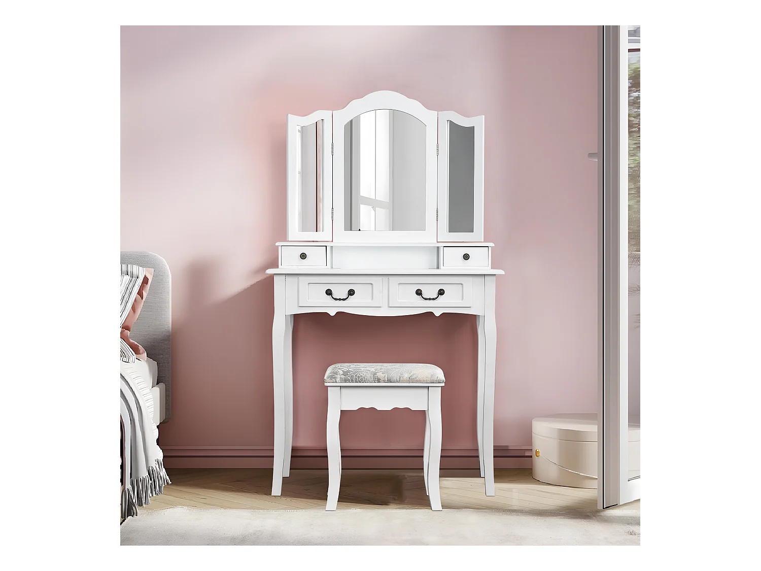 Penteadeira multifuncional + banqueta, três espelhos, com quatro gavetas, MDF, branco
