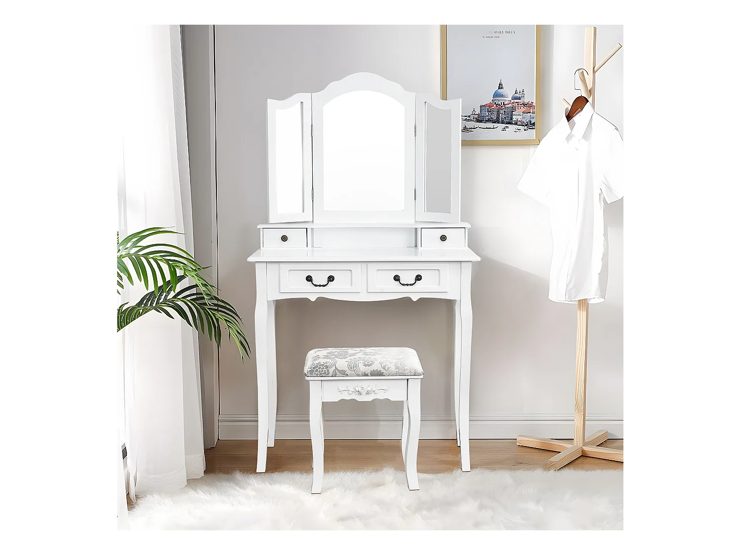 Penteadeira multifuncional + banqueta, três espelhos, com quatro gavetas, MDF, branco