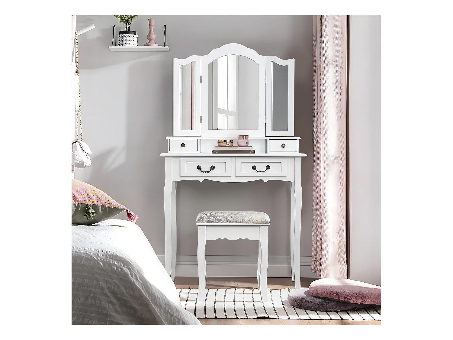 Penteadeira multifuncional + banqueta, três espelhos, com quatro gavetas, MDF, branco