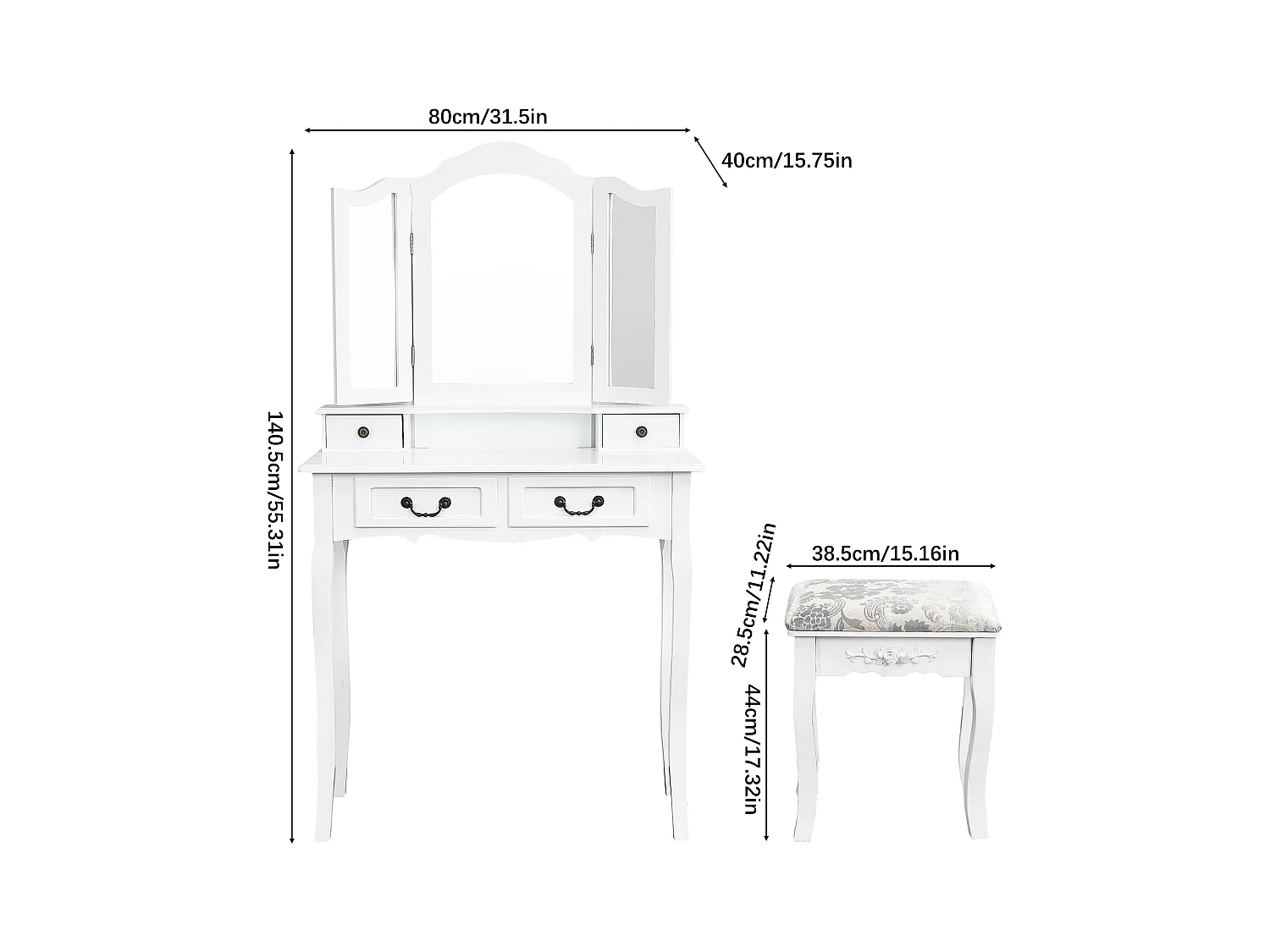 Penteadeira multifuncional + banqueta, três espelhos, com quatro gavetas, MDF, branco