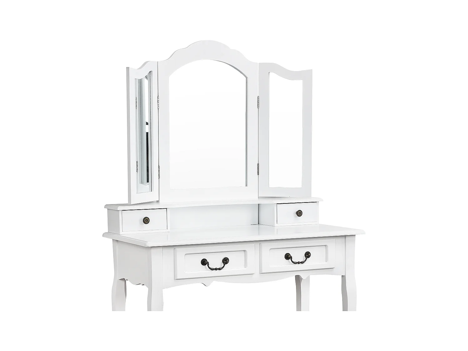 Penteadeira multifuncional + banqueta, três espelhos, com quatro gavetas, MDF, branco