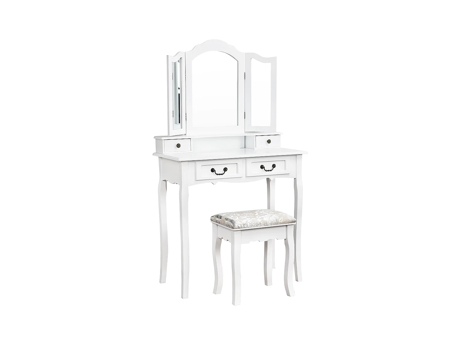 Penteadeira multifuncional + banqueta, três espelhos, com quatro gavetas, MDF, branco