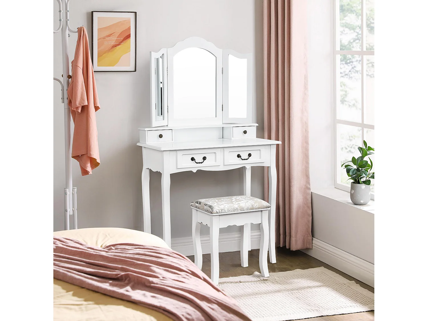 Tocador multifunción + taburete, tres espejos, con cuatro cajones, MDF, blanco