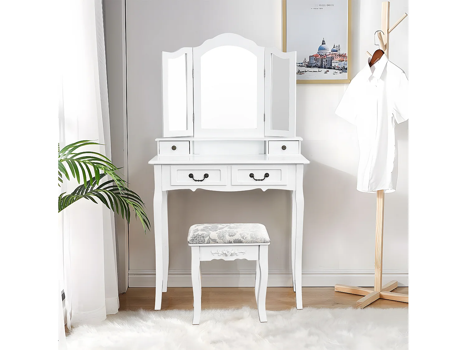 Tocador multifunción + taburete, tres espejos, con cuatro cajones, MDF, blanco