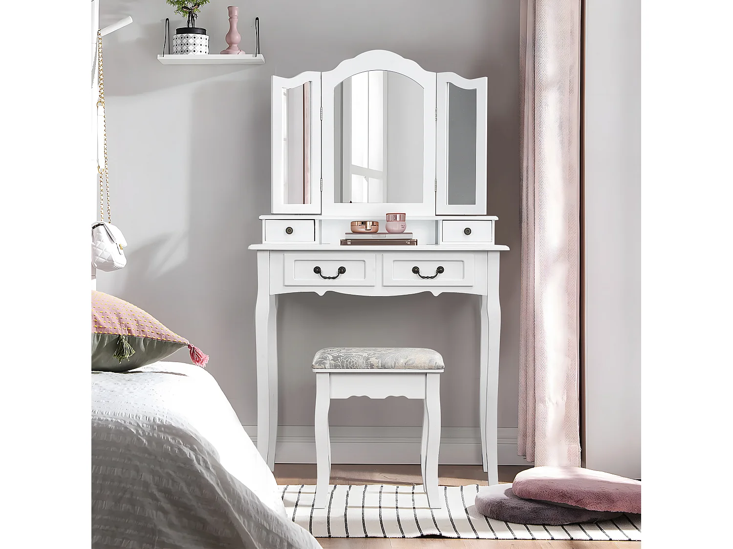 Tocador multifunción + taburete, tres espejos, con cuatro cajones, MDF, blanco