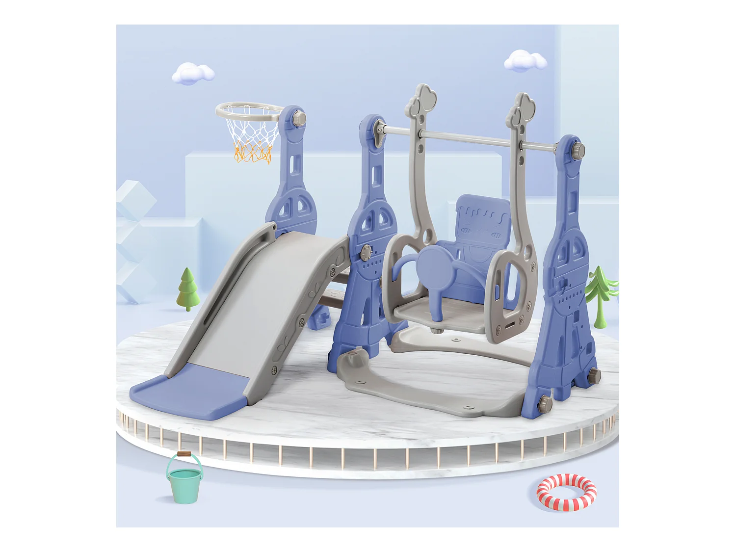 Escorregador infantil, playground infantil 4 em 1 com cesta de basquete, escada de escalada, balanço de jardim