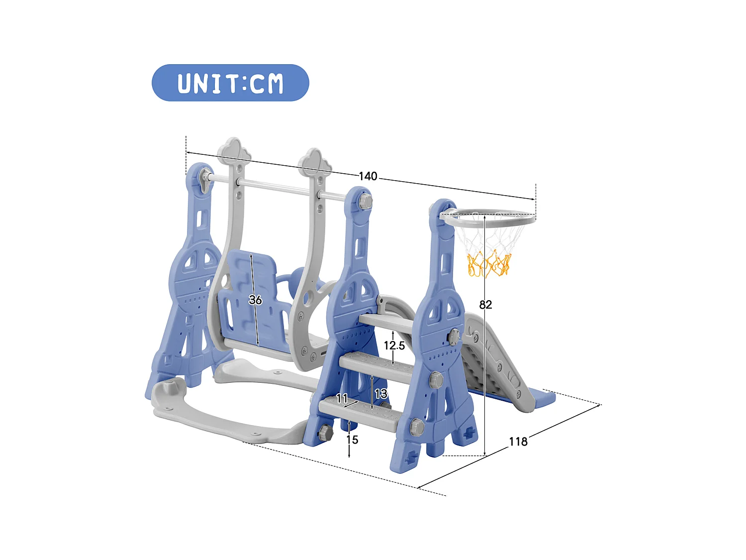 Escorregador infantil, playground infantil 4 em 1 com cesta de basquete, escada de escalada, balanço de jardim