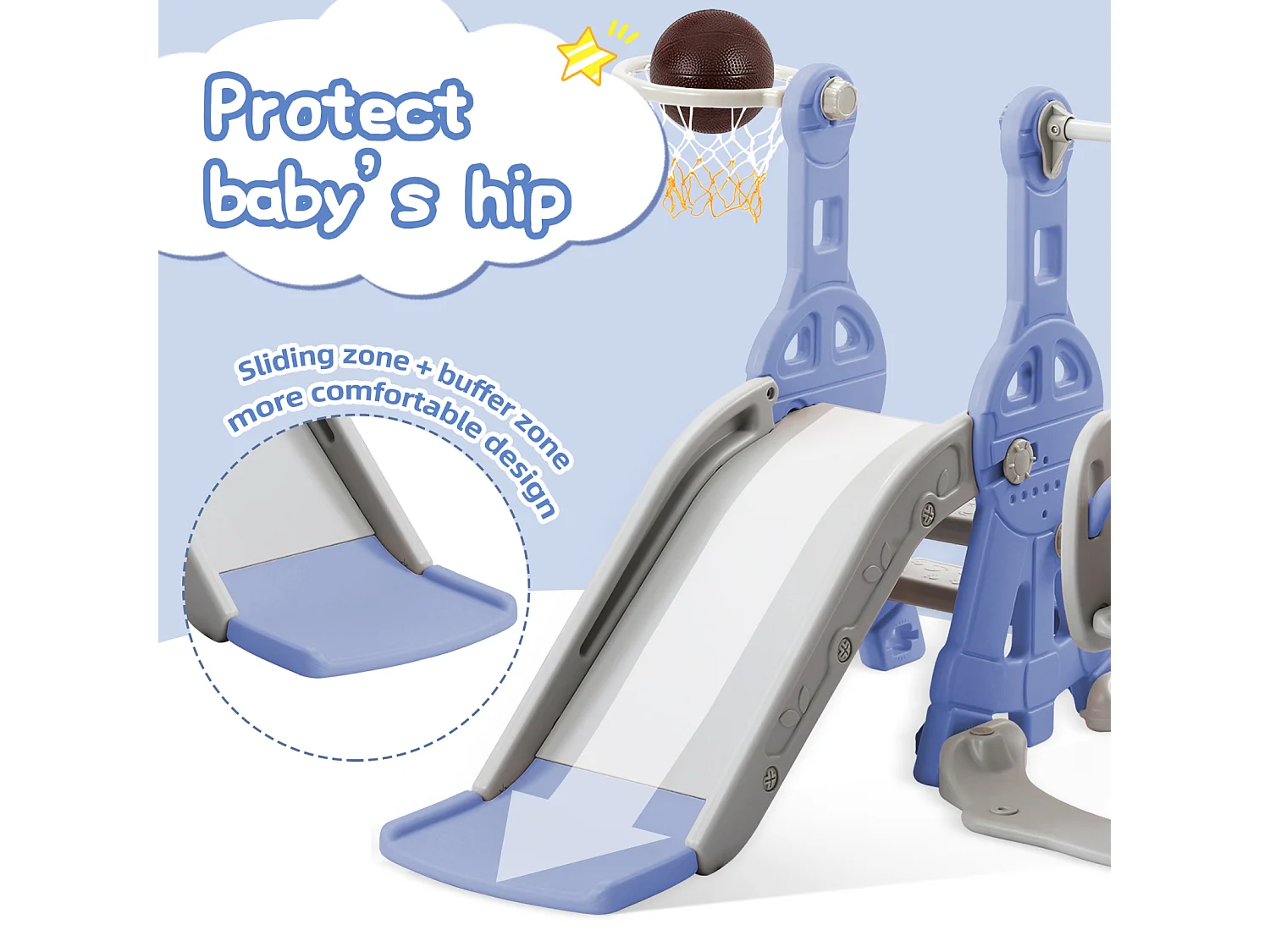 Toboggan pour enfants, aire de jeux pour enfants 4 en 1 avec panier de basket, échelle d'escalade, balançoire de jardin