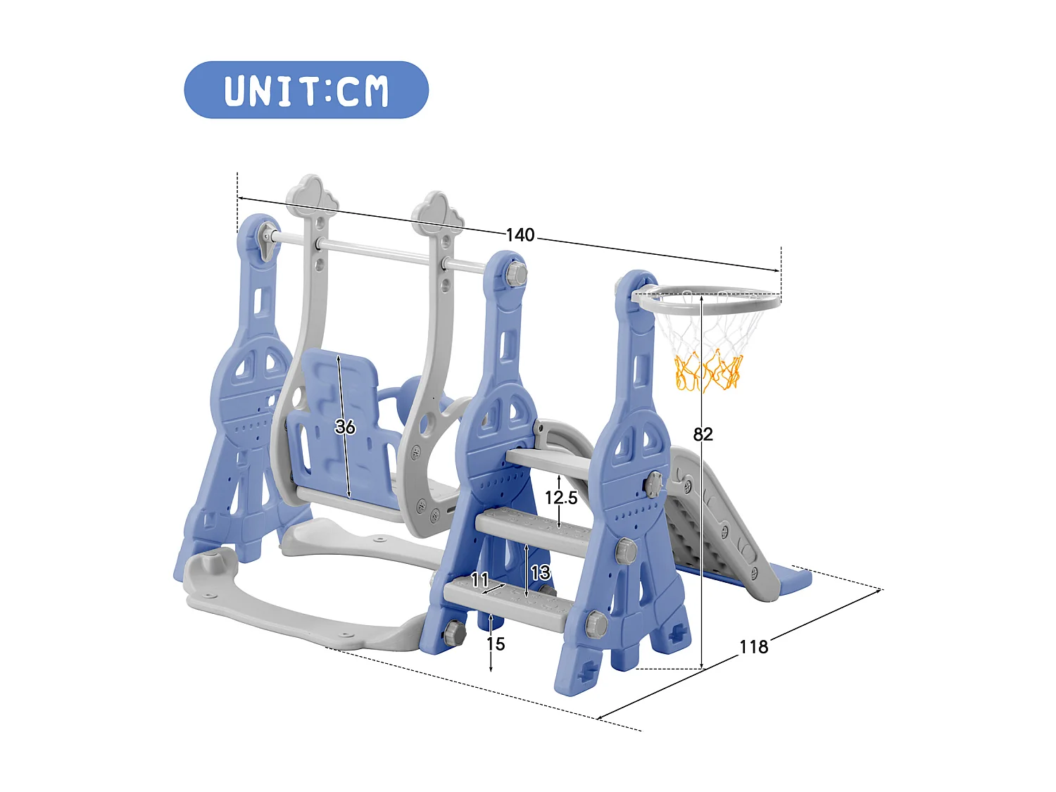 Toboggan pour enfants, aire de jeux pour enfants 4 en 1 avec panier de basket, échelle d'escalade, balançoire de jardin