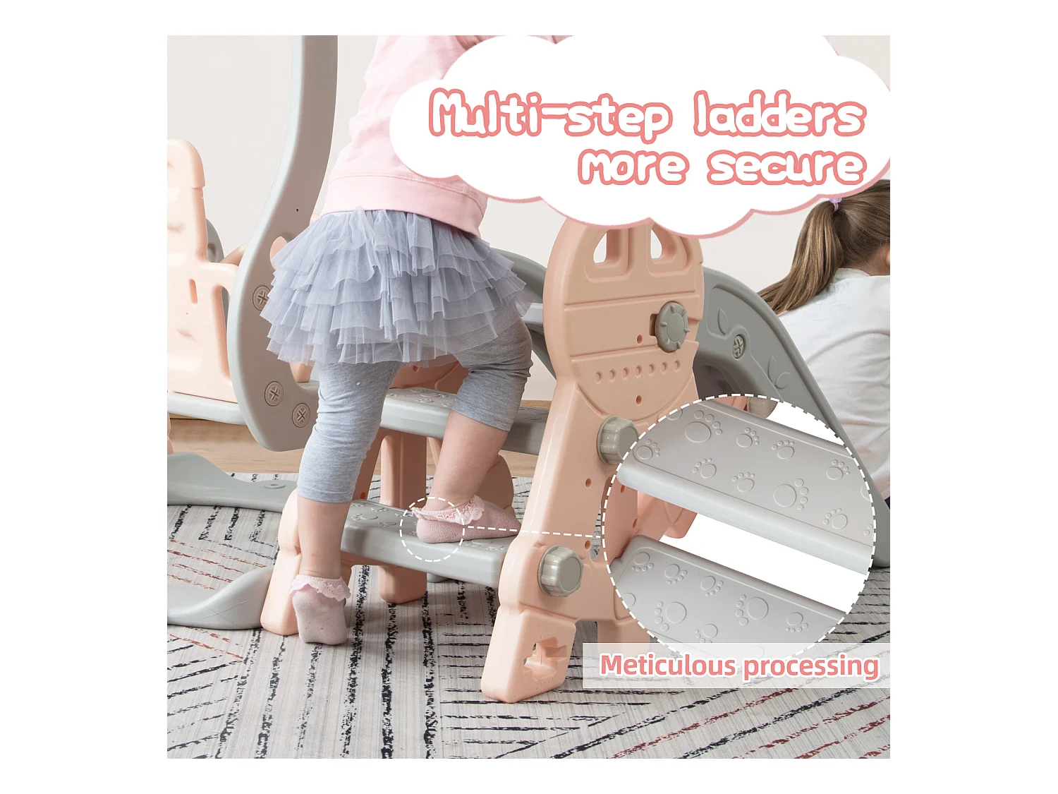 Escorregador infantil 4 em 1 com suporte para basquete, escada de escalada, balanço de jardim, rosa e cinza