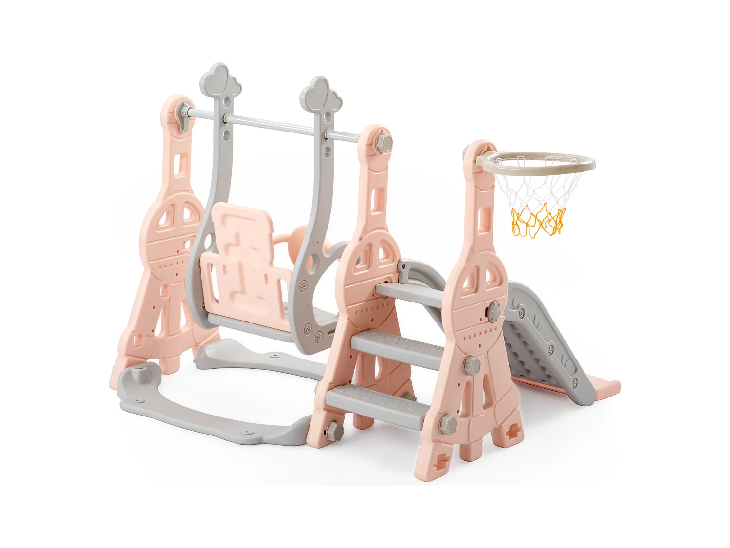 Escorregador infantil 4 em 1 com suporte para basquete, escada de escalada, balanço de jardim, rosa e cinza