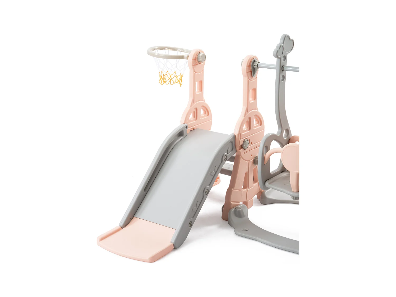 Escorregador infantil 4 em 1 com suporte para basquete, escada de escalada, balanço de jardim, rosa e cinza