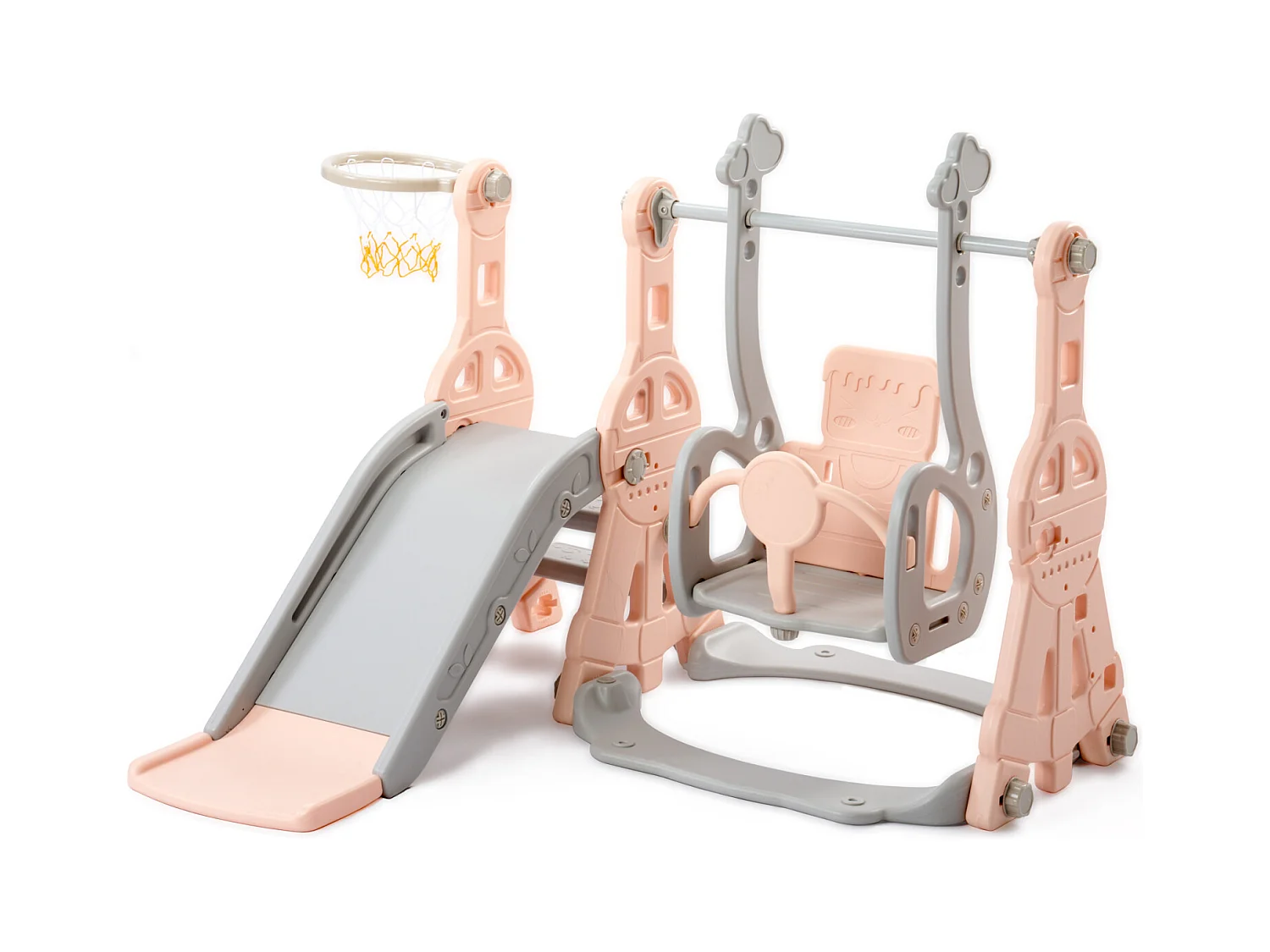 Escorregador infantil 4 em 1 com suporte para basquete, escada de escalada, balanço de jardim, rosa e cinza