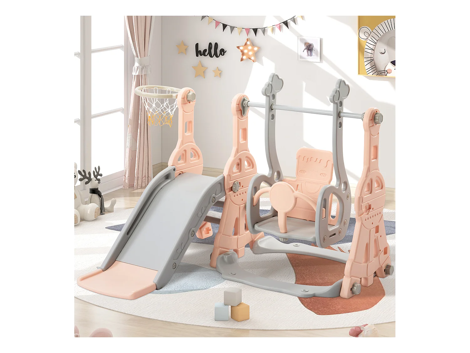 Toboggan pour enfants 4 en 1 avec support de basket, échelle d'escalade, balançoire de jardin,Rose+Gris