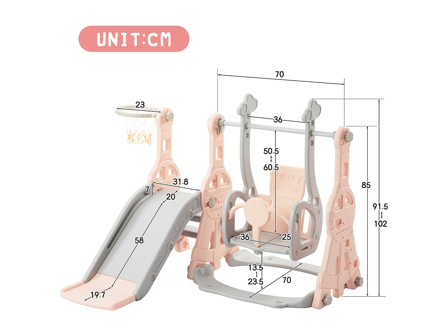 Toboggan pour enfants 4 en 1 avec support de basket, échelle d'escalade, balançoire de jardin,Rose+Gris