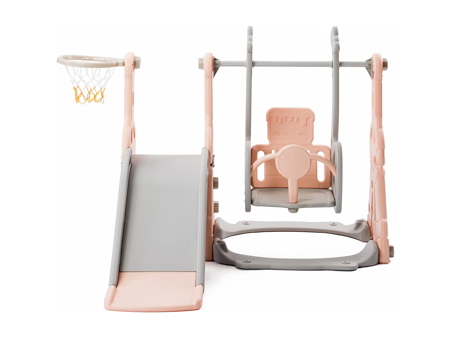 Toboggan pour enfants 4 en 1 avec support de basket, échelle d'escalade, balançoire de jardin,Rose+Gris