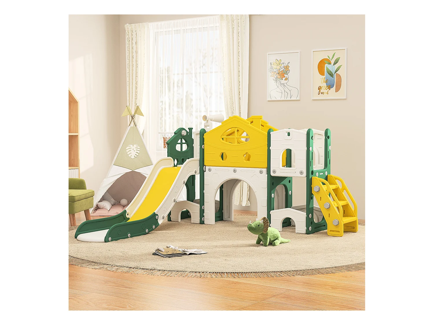 Tobogán de escalada para niños, tobogán 7 en 1, juegos de escalada, perforación, sendero de juegos, cancha de baloncesto