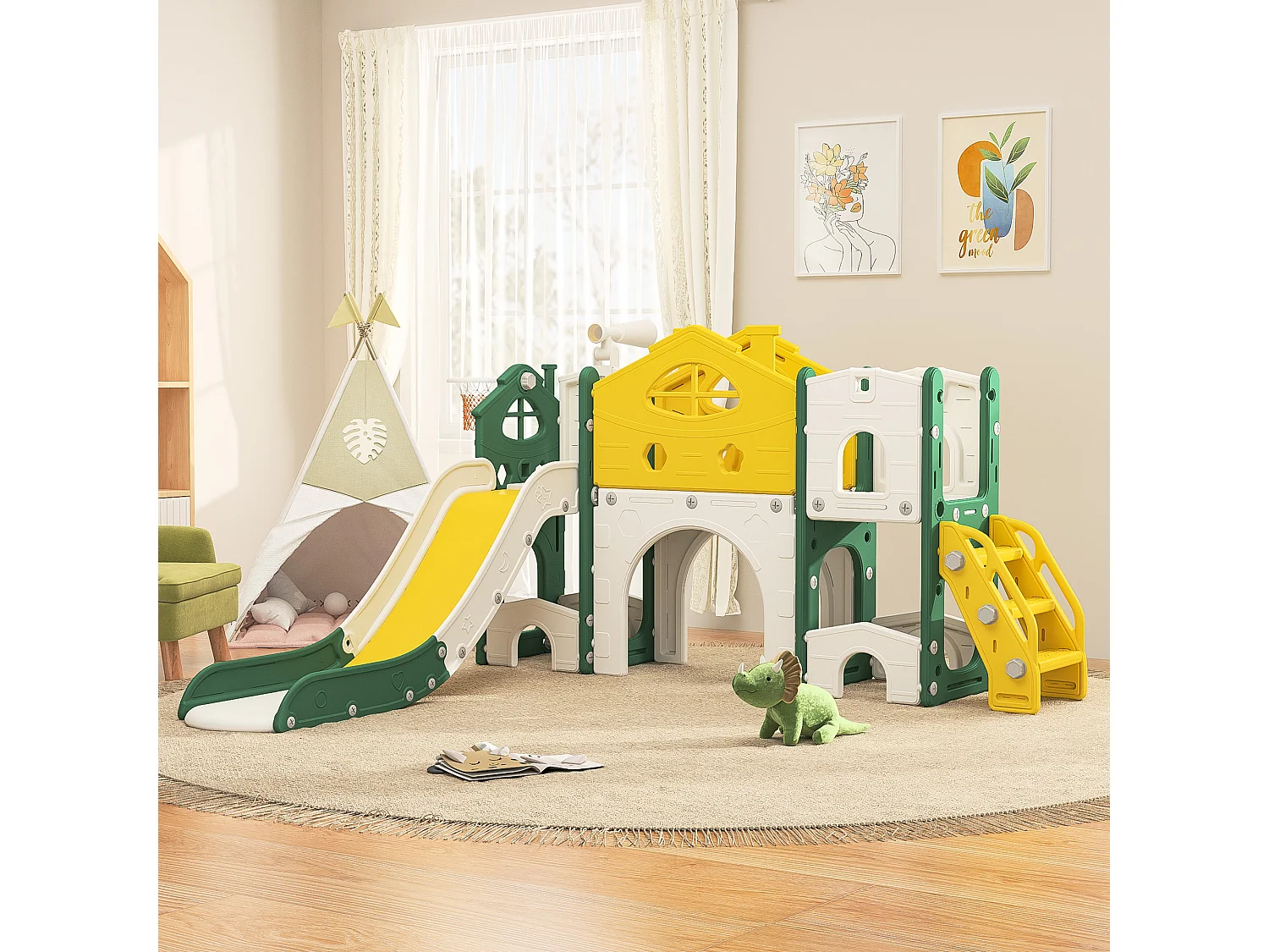 Scivolo per bambini, scivolo 7 in 1, giochi di arrampicata, foratura, percorso gioco, canestro da basket