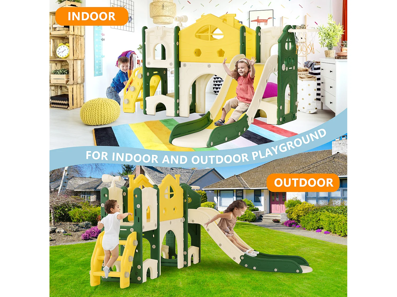 Scivolo per bambini, scivolo 7 in 1, giochi di arrampicata, foratura, percorso gioco, canestro da basket