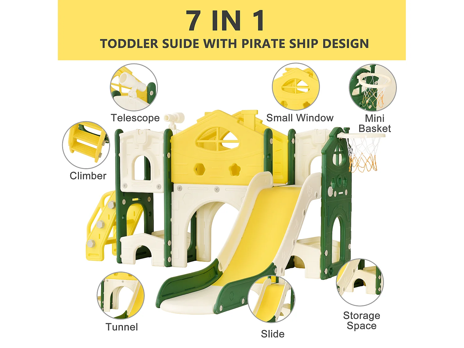 Scivolo per bambini, scivolo 7 in 1, giochi di arrampicata, foratura, percorso gioco, canestro da basket