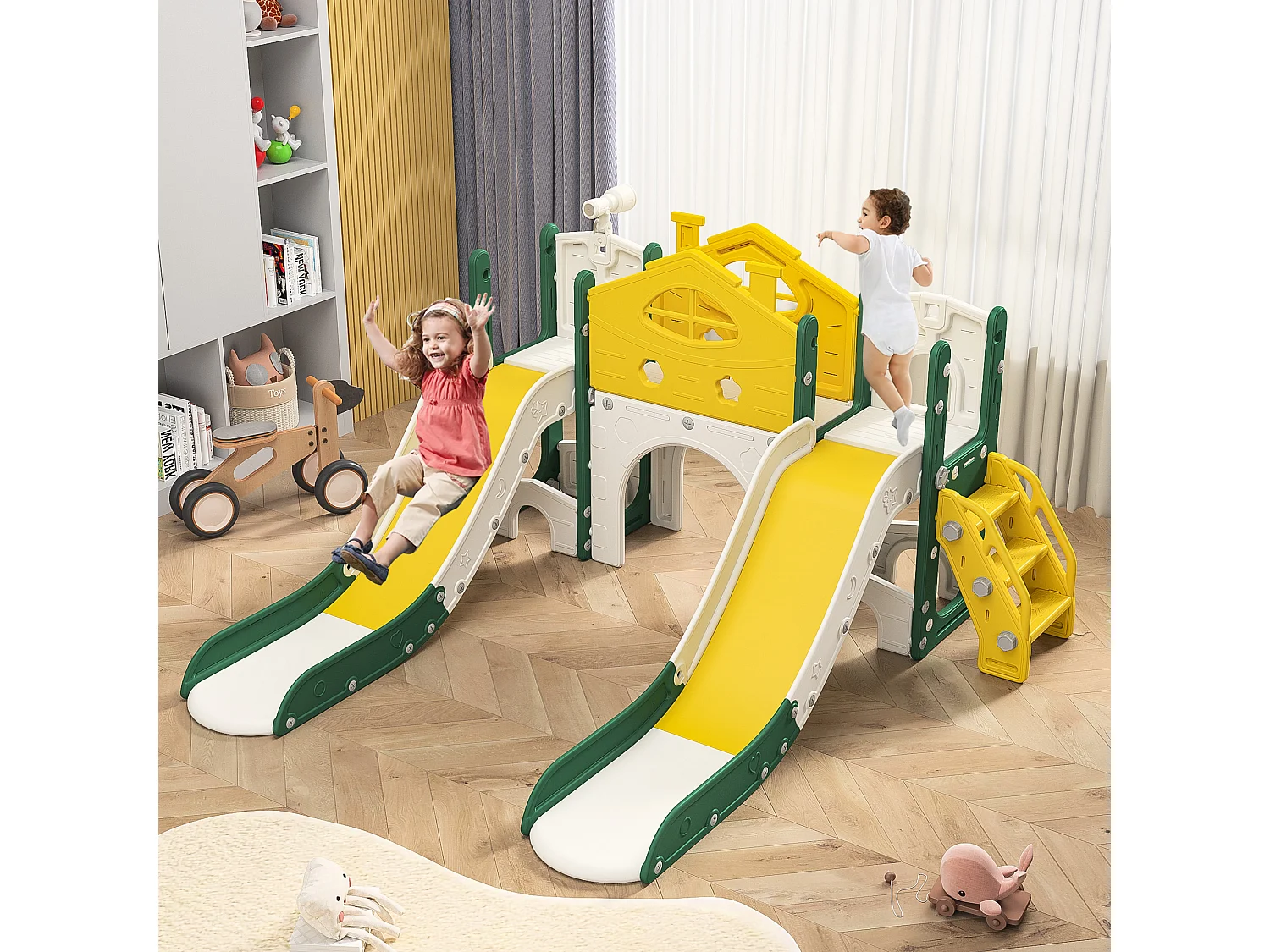 Scivolo per bambini, parco giochi 7 in 1, torre di gioco divertente con scala di arrampicata, due scivoli, telescopio e altro ancora