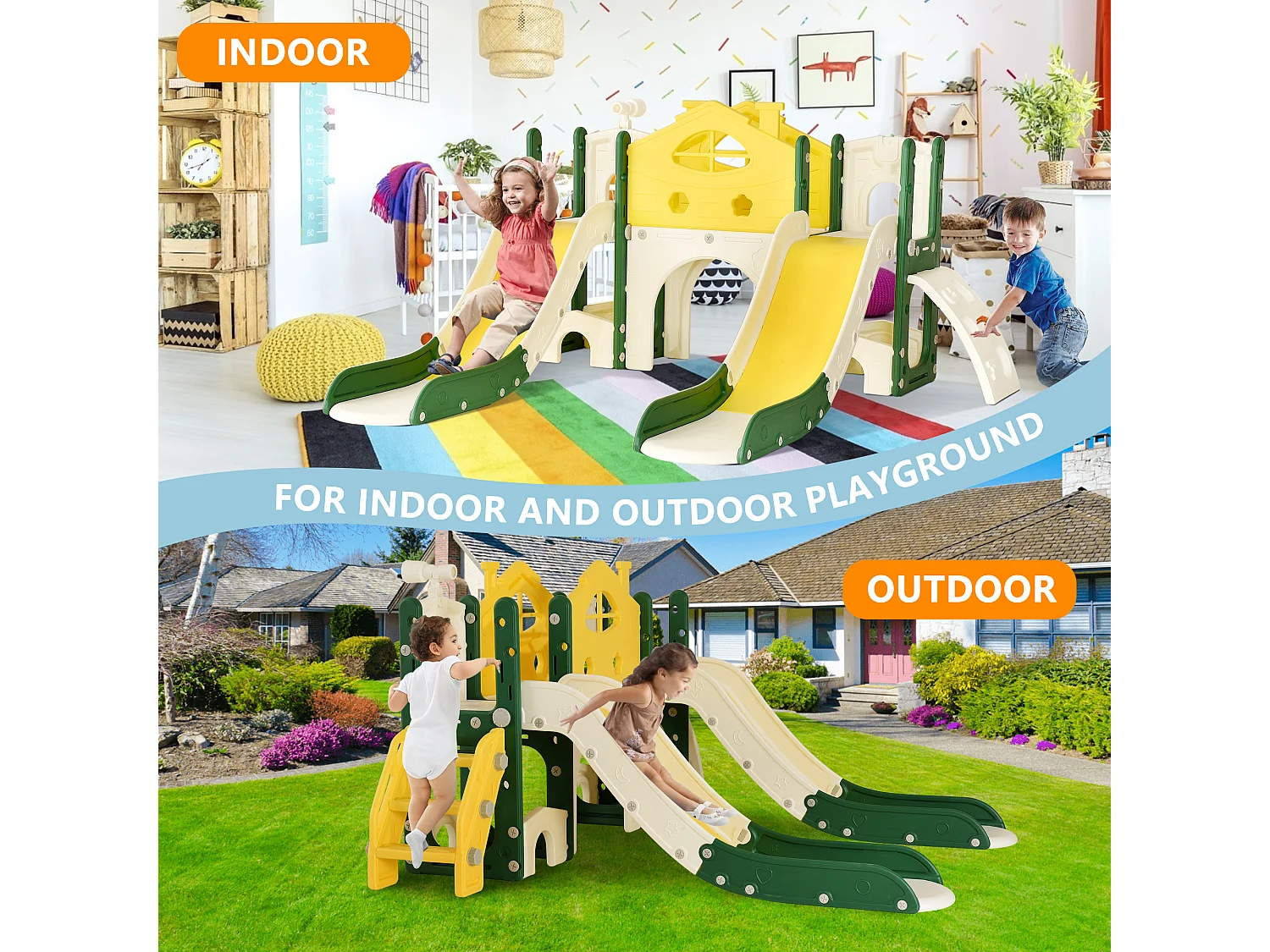 Scivolo per bambini, parco giochi 7 in 1, torre di gioco divertente con scala di arrampicata, due scivoli, telescopio e altro ancora