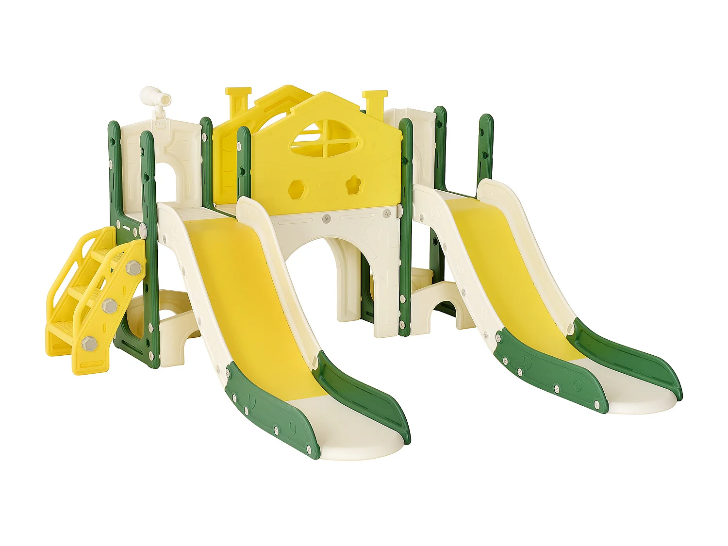 Scivolo per bambini, parco giochi 7 in 1, torre di gioco divertente con scala di arrampicata, due scivoli, telescopio e altro ancora