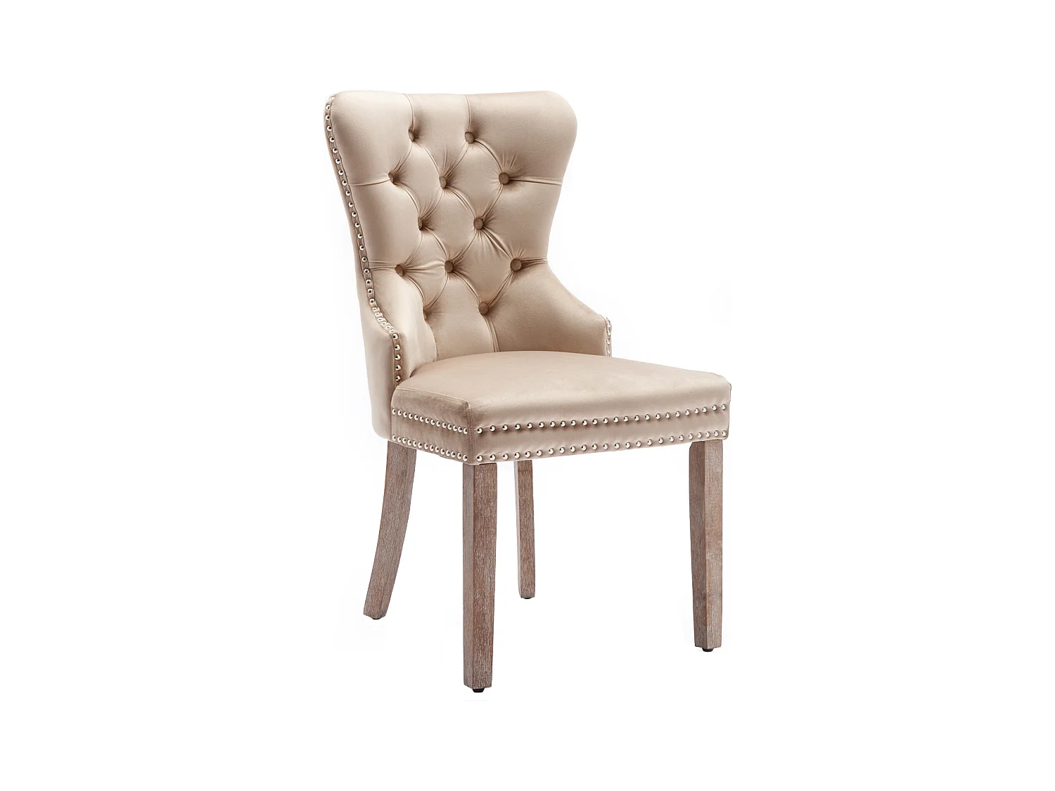 Cadeira de jantar de 2 peças, encosto abotoado, borda rebitada, pernas de madeira maciça, tecido de veludo, bege