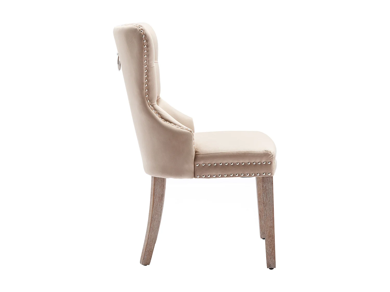 Silla de comedor de 2 piezas, respaldo abotonado, borde remachado, patas de madera maciza, tela de terciopelo, beige