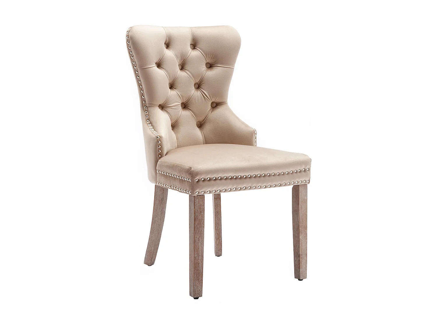 Silla de comedor de 2 piezas, respaldo abotonado, borde remachado, patas de madera maciza, tela de terciopelo, beige