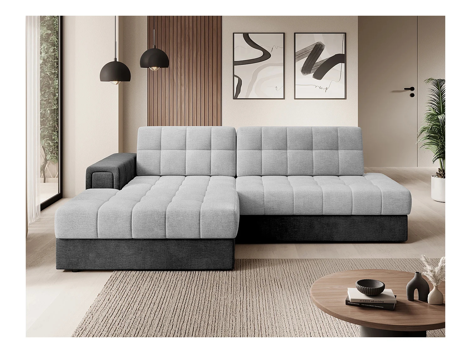 Canapé d'angle KELLY velours - Rangement et convertible-Gris foncé/Gris-Méridienne A gauche