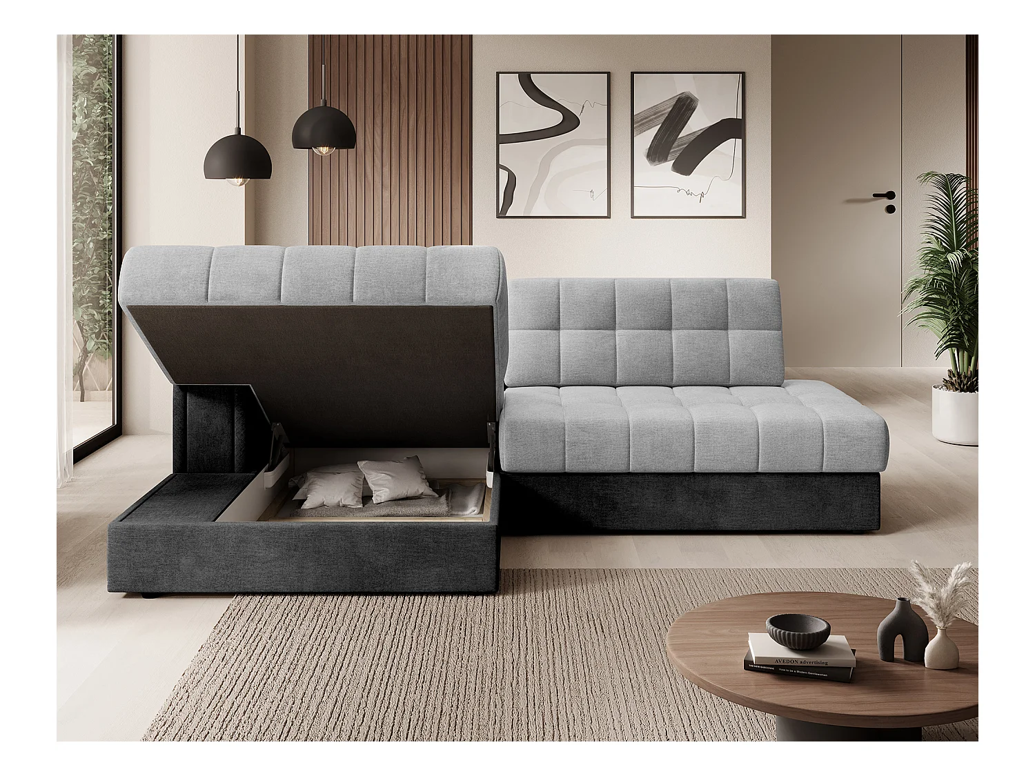 Canapé d'angle KELLY velours - Rangement et convertible-Gris foncé/Gris-Méridienne A gauche