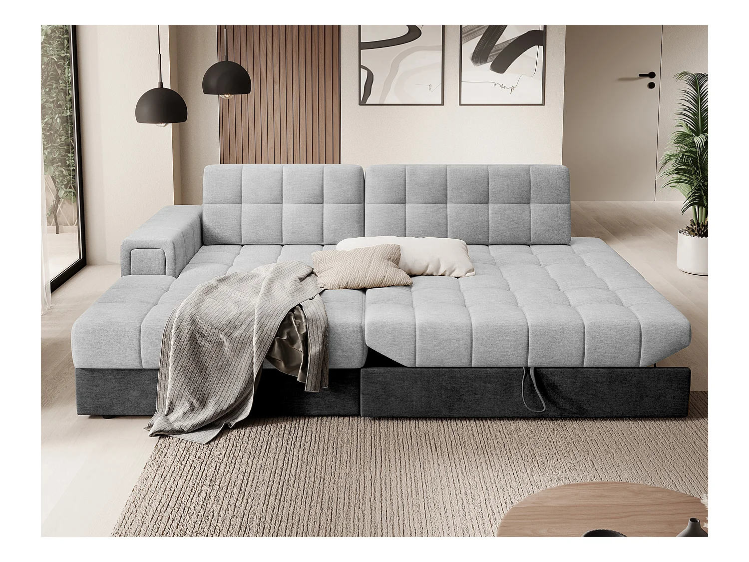 Canapé d'angle KELLY velours - Rangement et convertible-Gris foncé/Gris-Méridienne A gauche