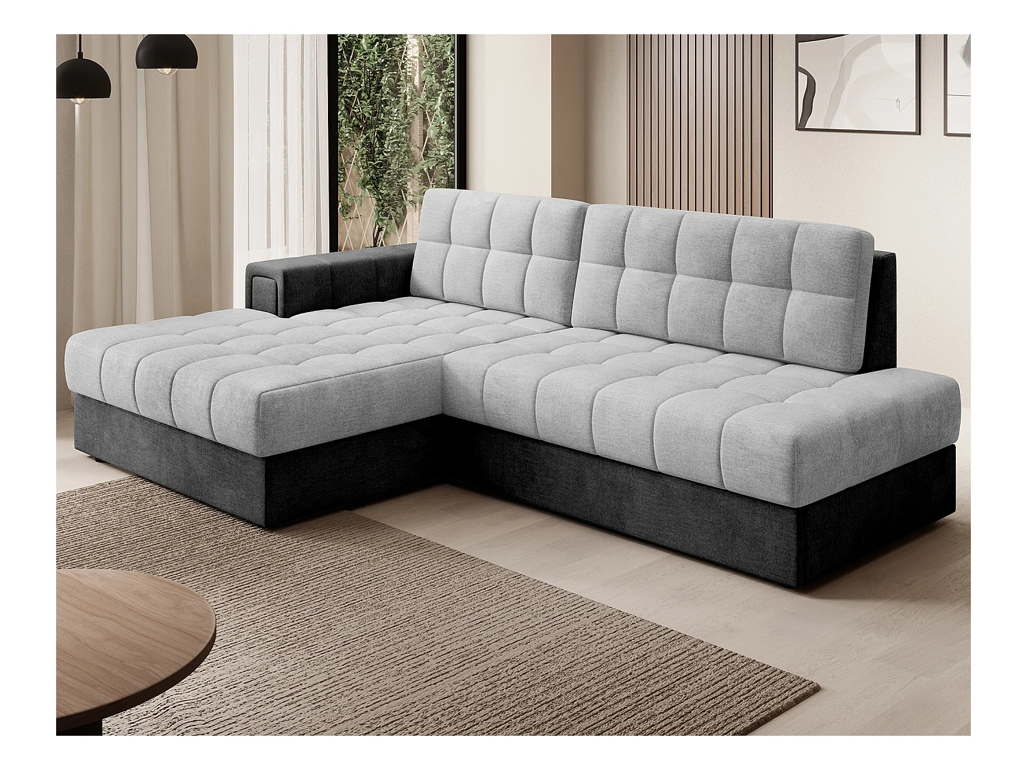 Canapé d'angle KELLY velours - Rangement et convertible-Gris foncé/Gris-Méridienne A gauche