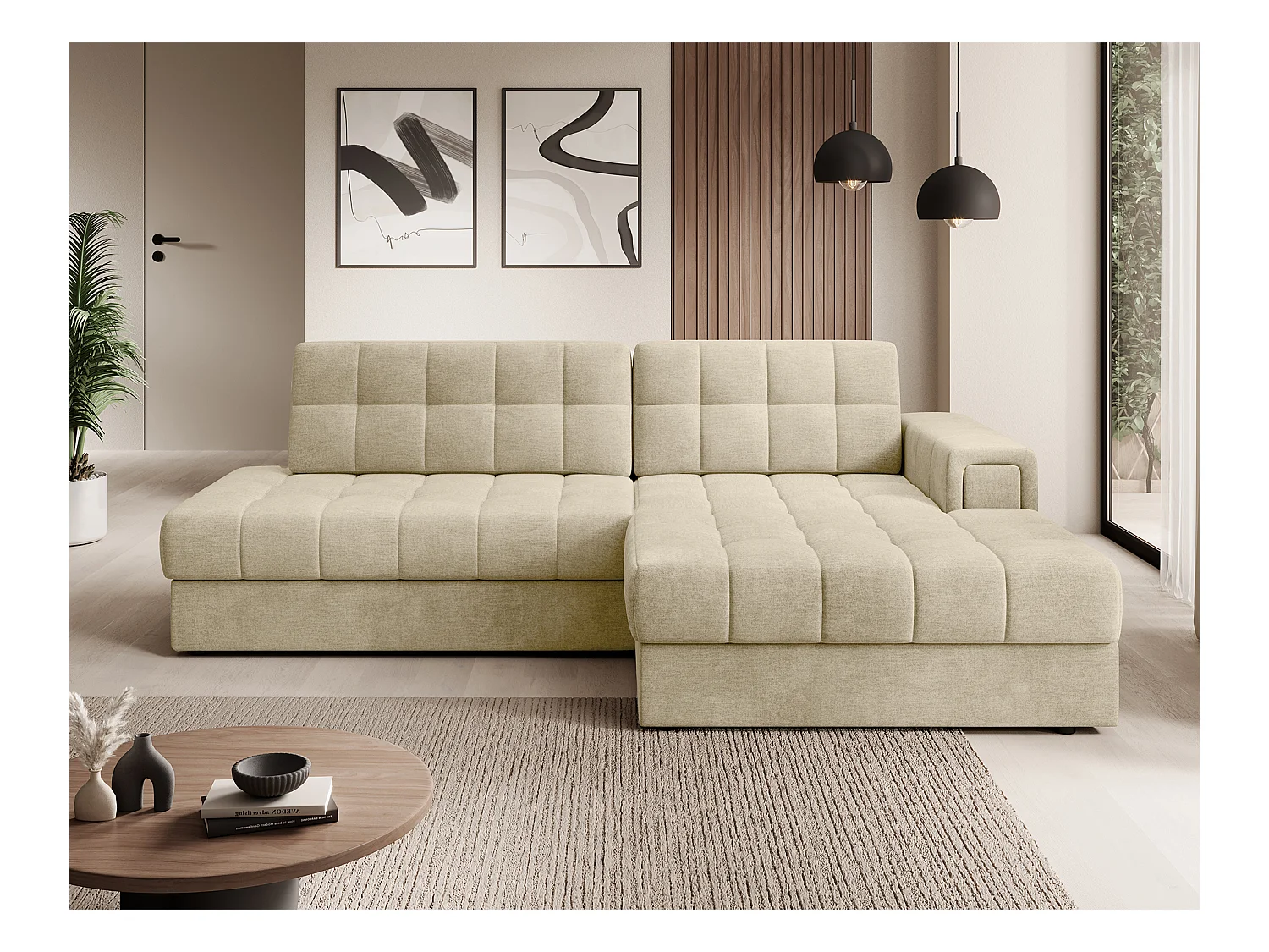 Canapé d'angle KELLY velours - Rangement et convertible-Beige clair-Méridienne A droite