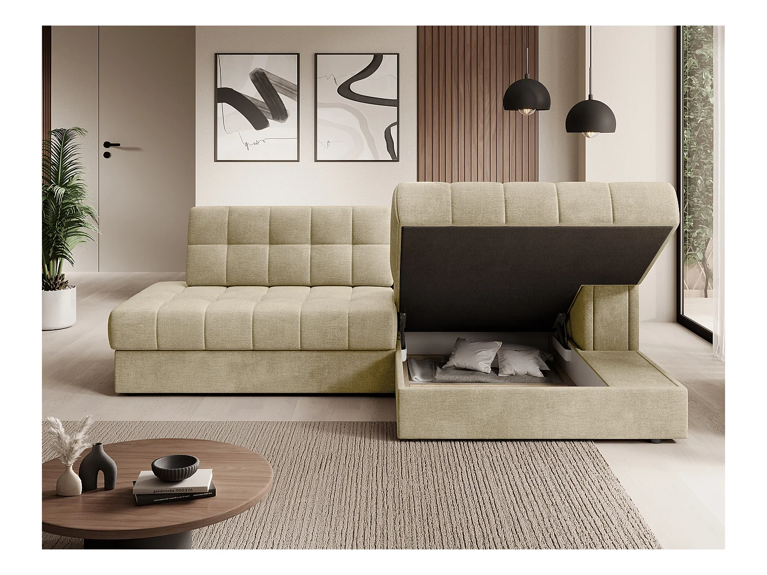 Canapé d'angle KELLY velours - Rangement et convertible-Beige clair-Méridienne A droite