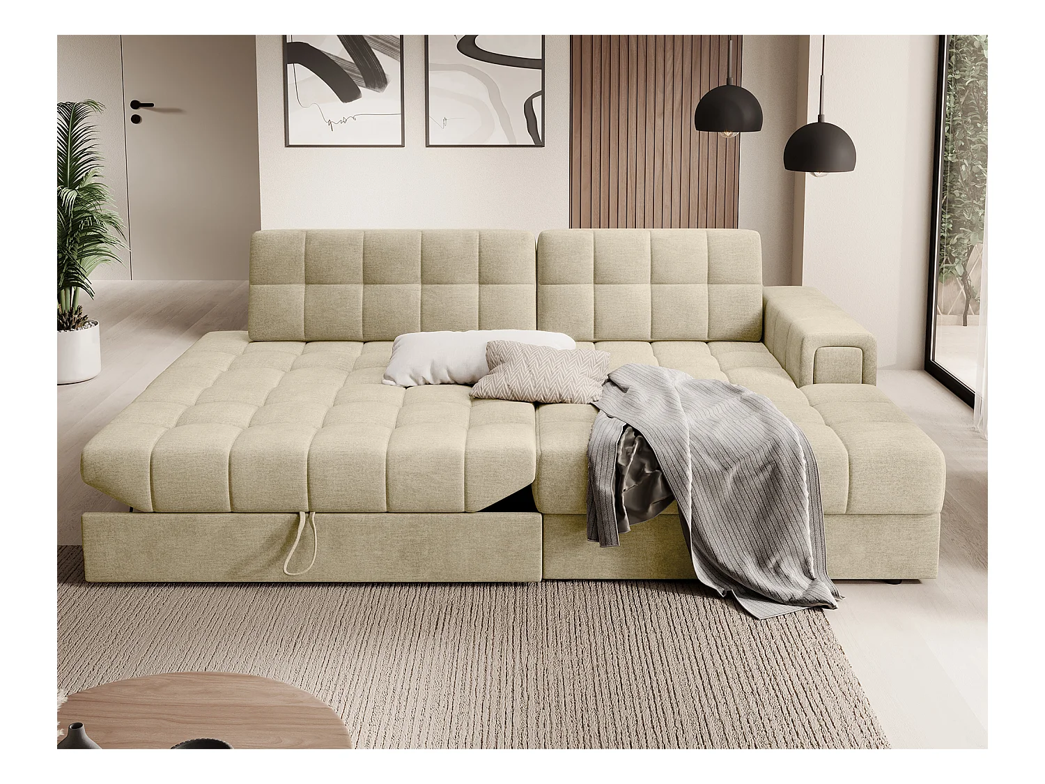 Canapé d'angle KELLY velours - Rangement et convertible-Beige clair-Méridienne A droite