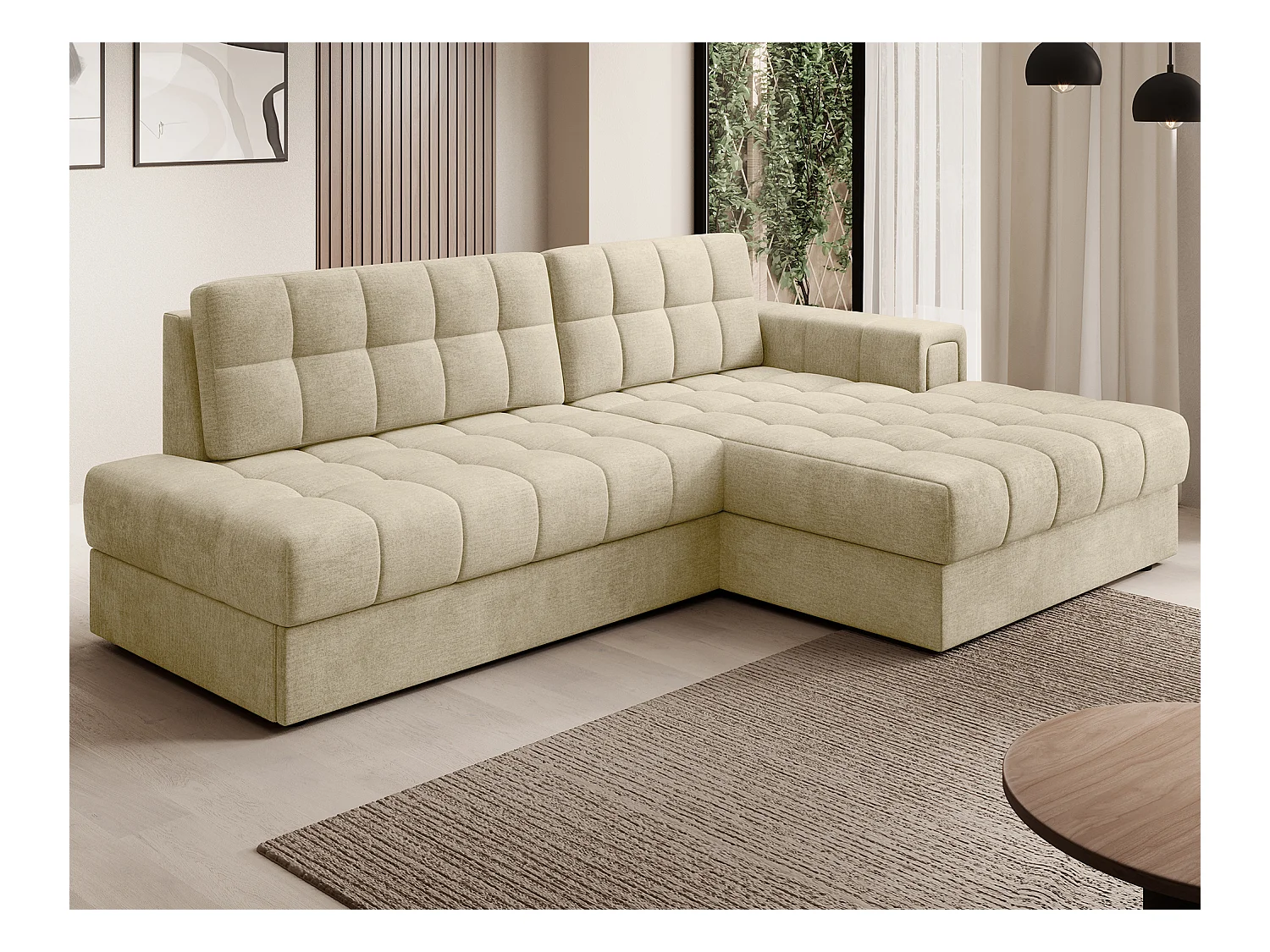 Canapé d'angle KELLY velours - Rangement et convertible-Beige clair-Méridienne A droite