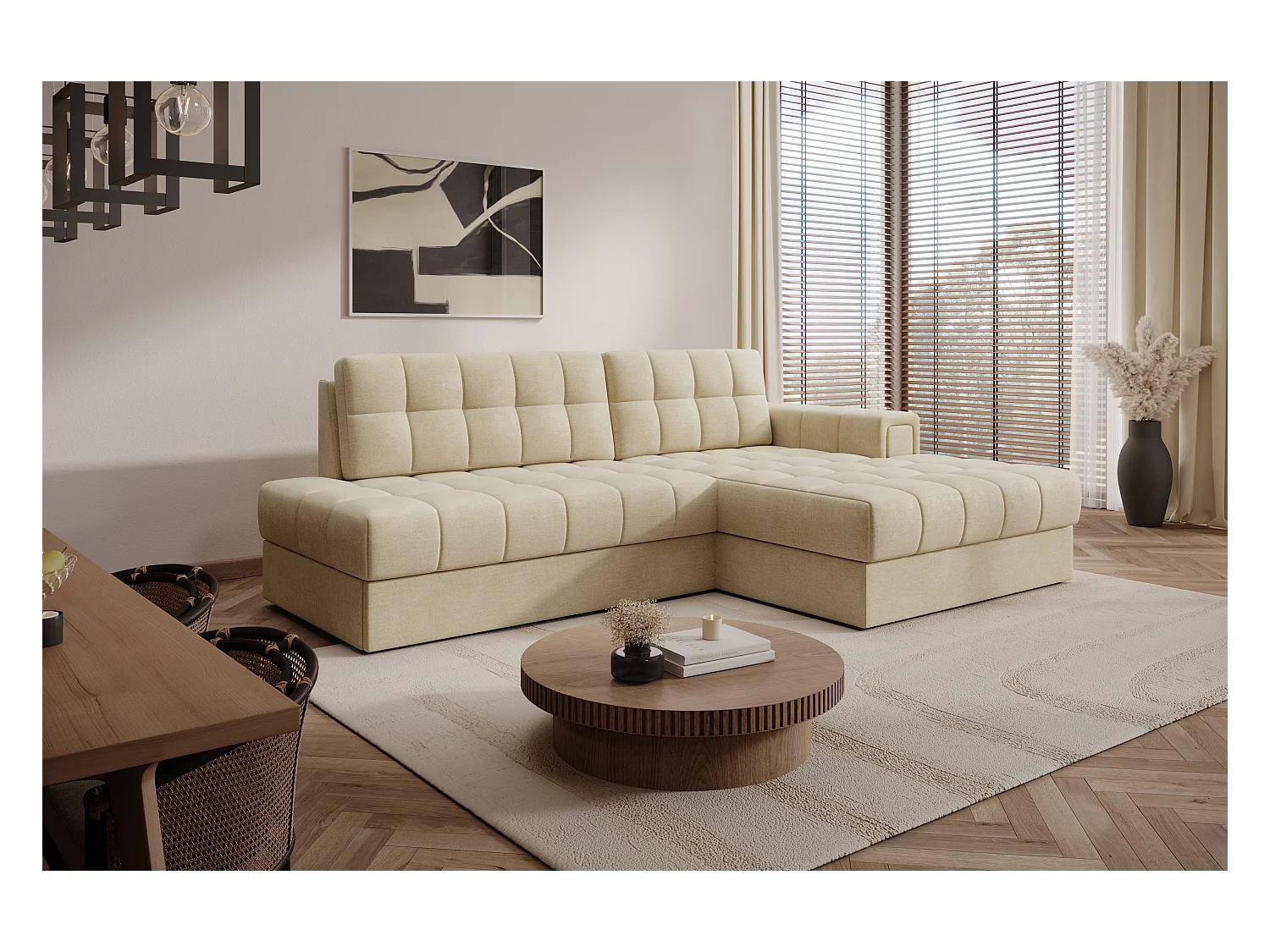 Canapé d'angle KELLY velours - Rangement et convertible-Beige clair-Méridienne A droite