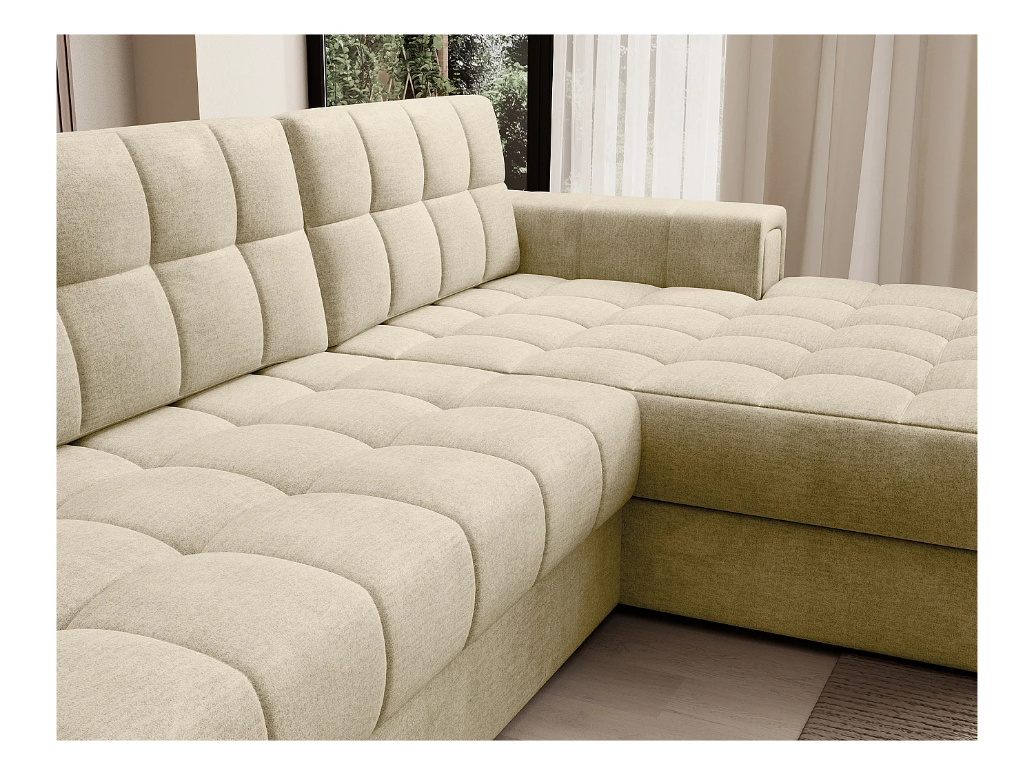 Canapé d'angle KELLY velours - Rangement et convertible-Beige clair-Méridienne A droite