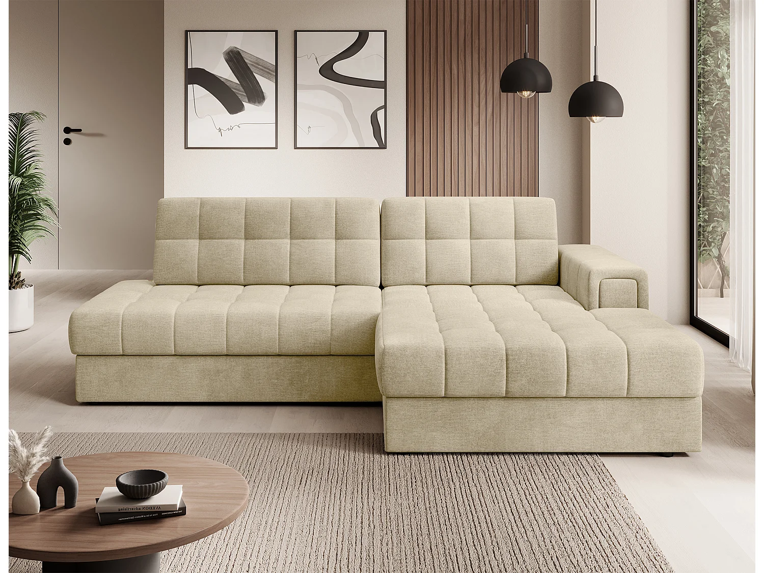 Canapé d'angle KELLY velours - Rangement et convertible-Beige clair-Méridienne A droite