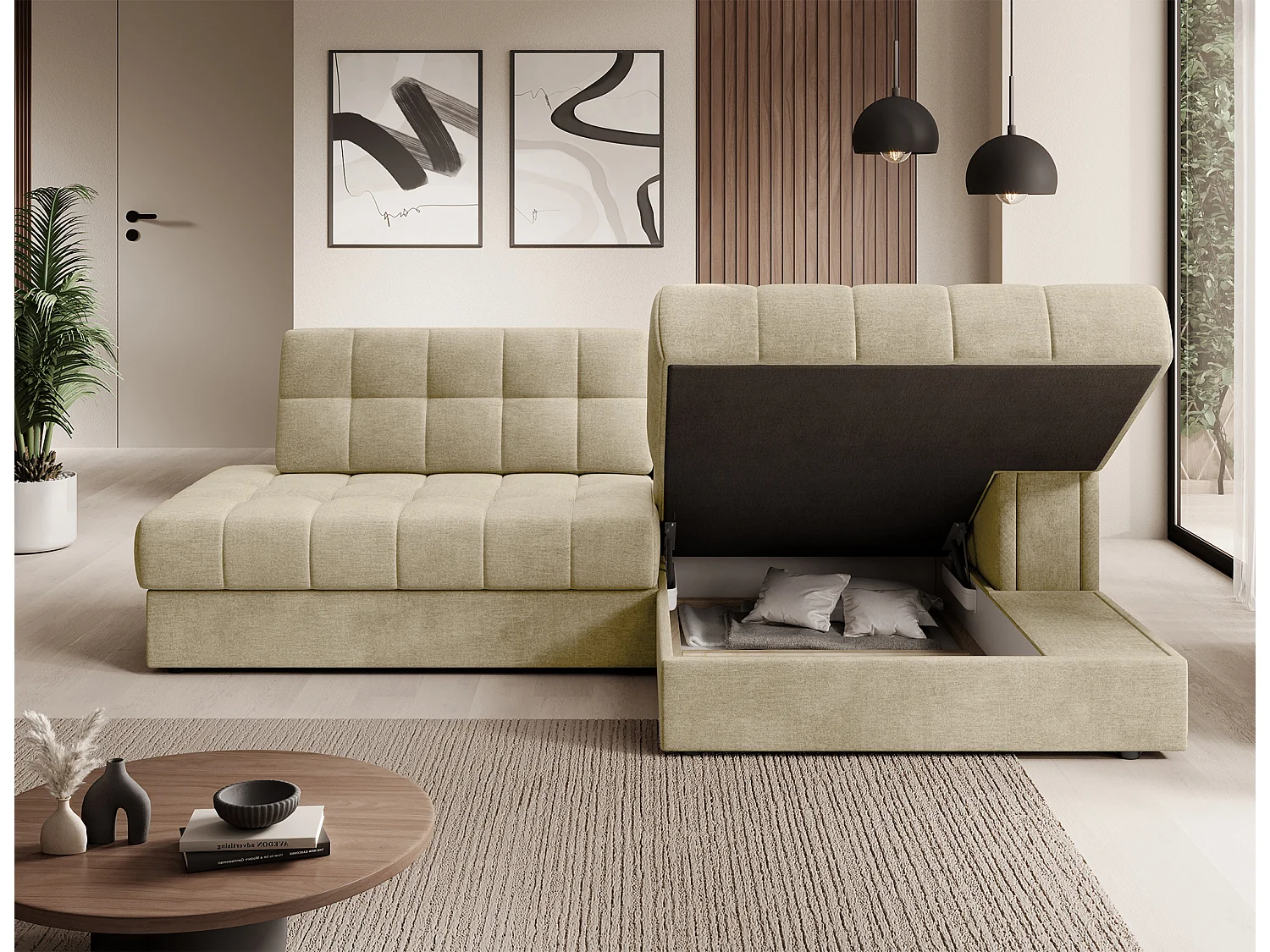 Canapé d'angle KELLY velours - Rangement et convertible-Beige clair-Méridienne A droite