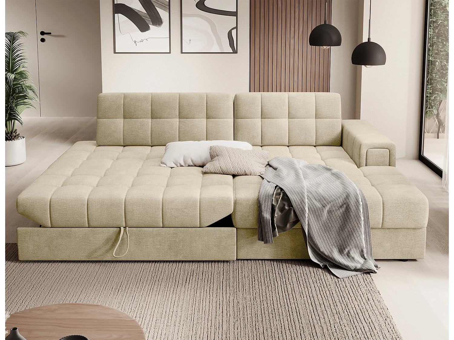 Canapé d'angle KELLY velours - Rangement et convertible-Beige clair-Méridienne A droite