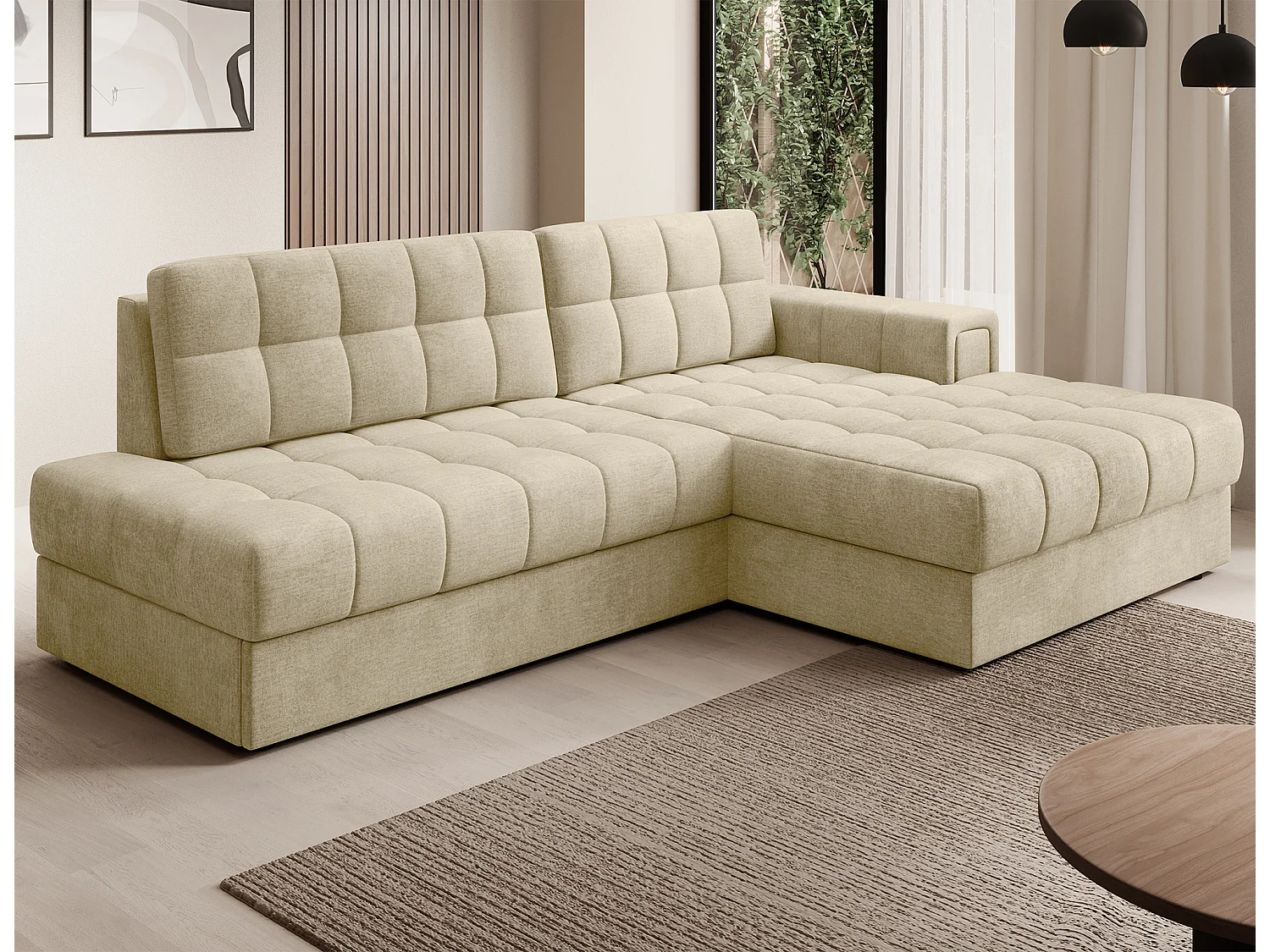 Canapé d'angle KELLY velours - Rangement et convertible-Beige clair-Méridienne A droite