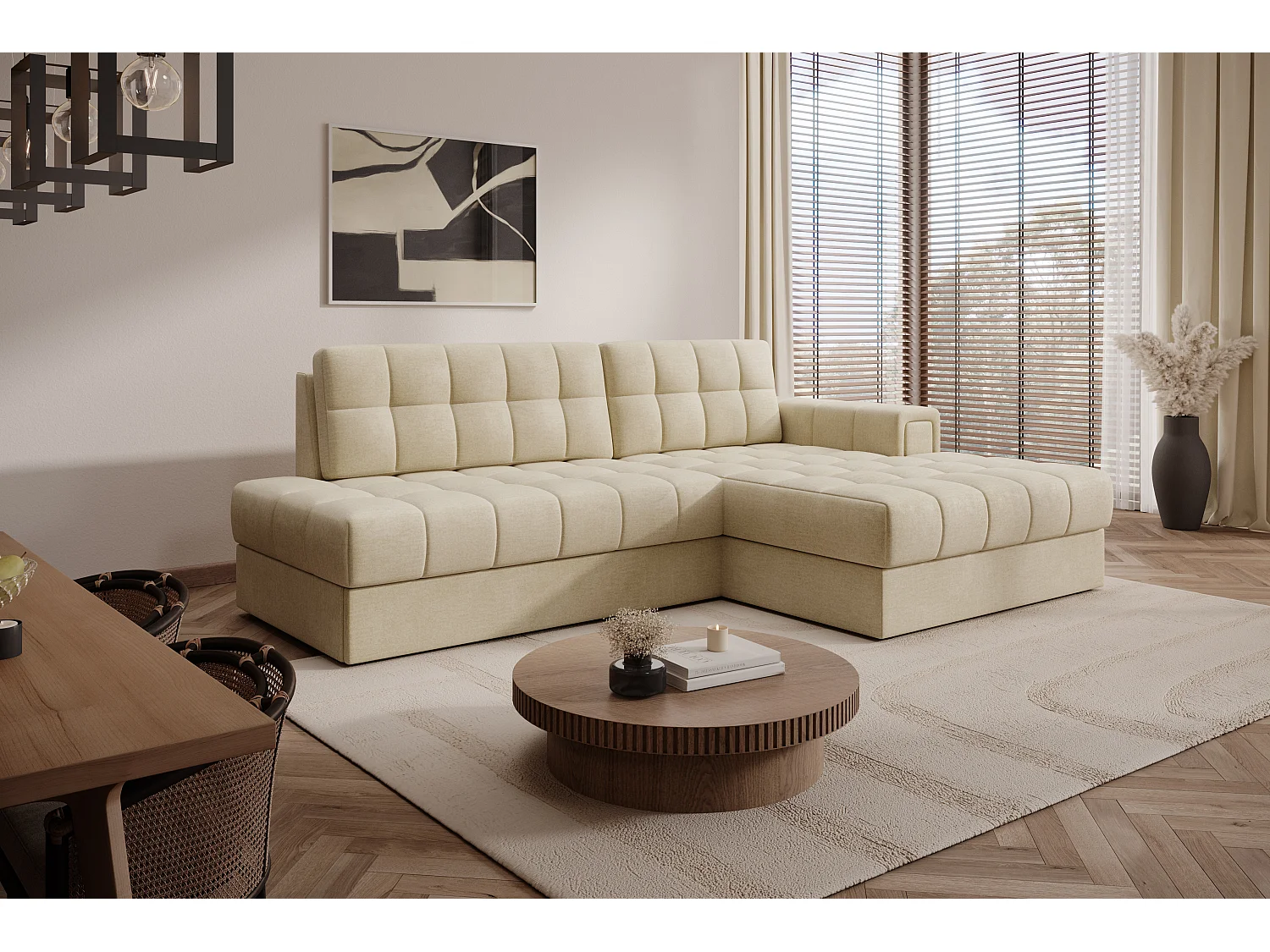 Canapé d'angle KELLY velours - Rangement et convertible-Beige clair-Méridienne A droite