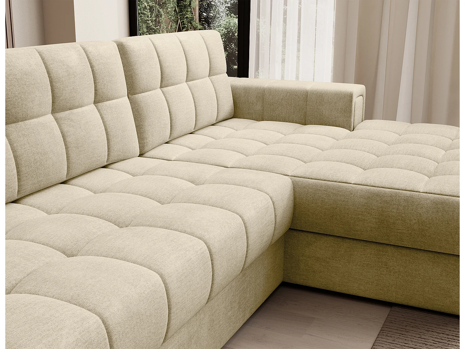 Canapé d'angle KELLY velours - Rangement et convertible-Beige clair-Méridienne A droite
