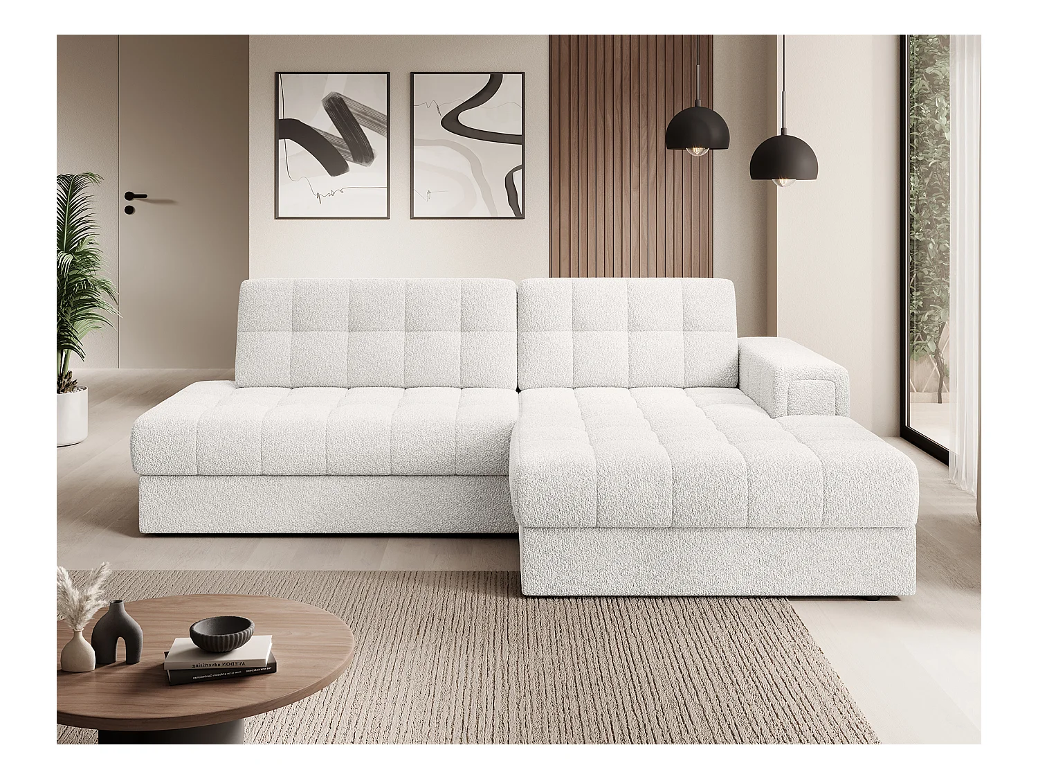 Canapé d'angle KELLY tissu bouclette - Rangement et convertible-Blanc-Méridienne A droite