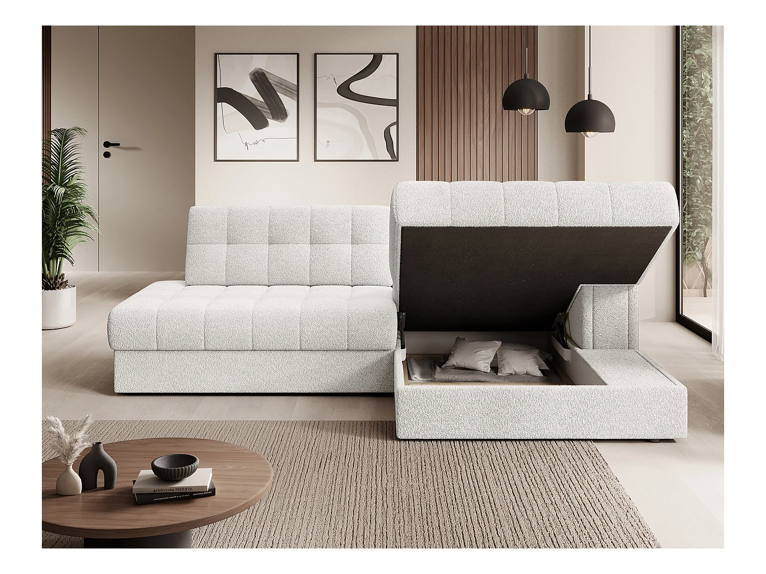 Canapé d'angle KELLY tissu bouclette - Rangement et convertible-Blanc-Méridienne A droite